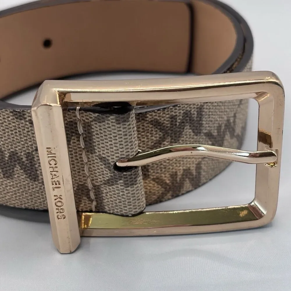 Michael Kors MK Signature Logo Belt Brown Vanilla Gold Buckle Women's Small